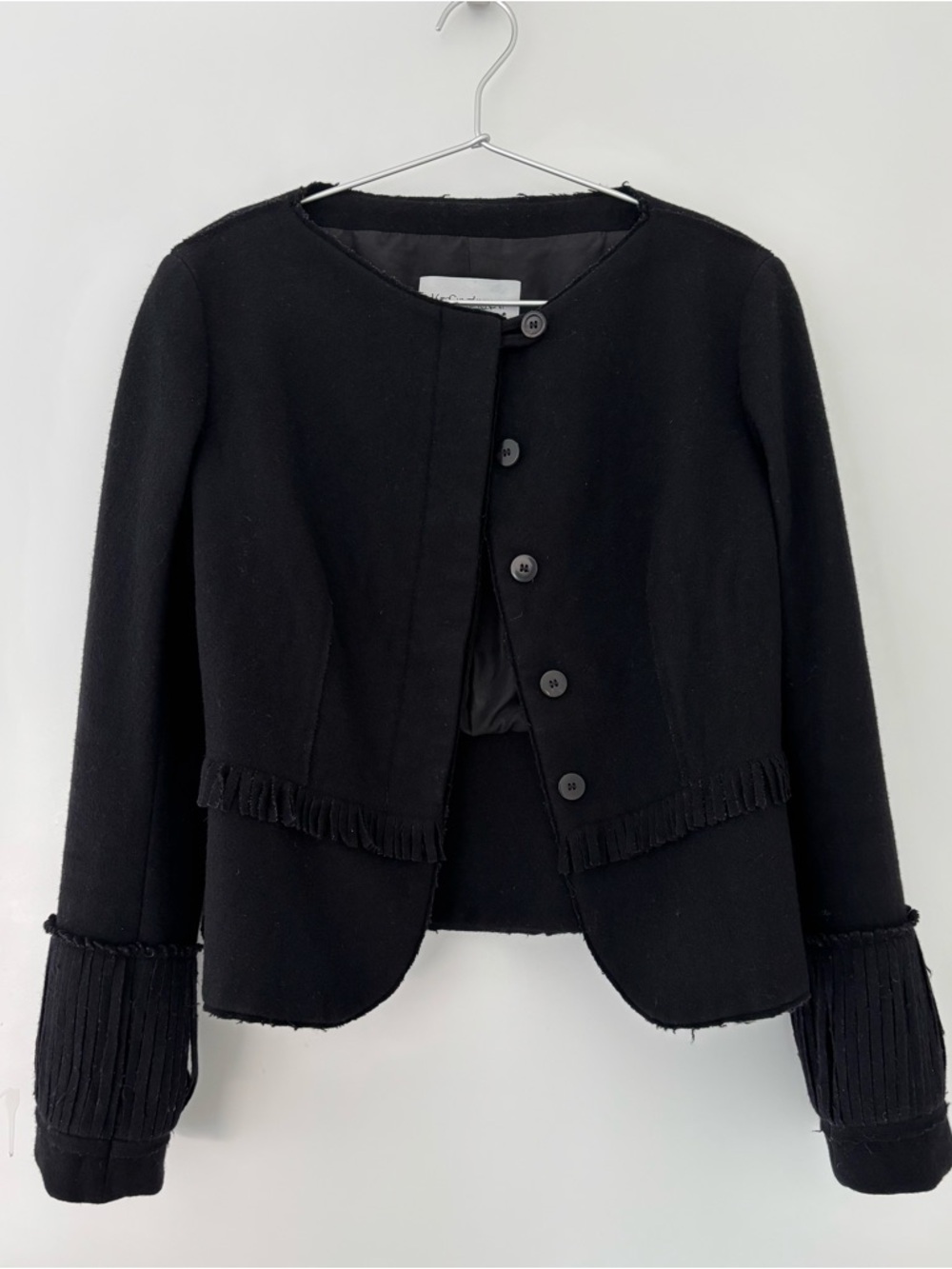 Yves Saint Laurent Black Cropped Fringe-Trim wool coat/Jacket